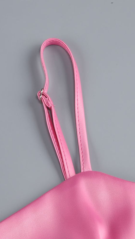 ANDREA PINK FLOWER TRIM STRAP MINI DRESS