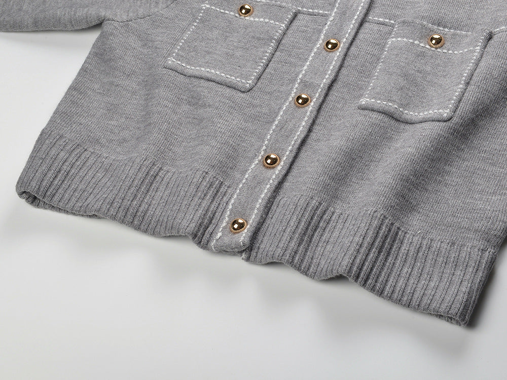 Elegant Grey Contrast Stitch Crewneck Cardigan for Women