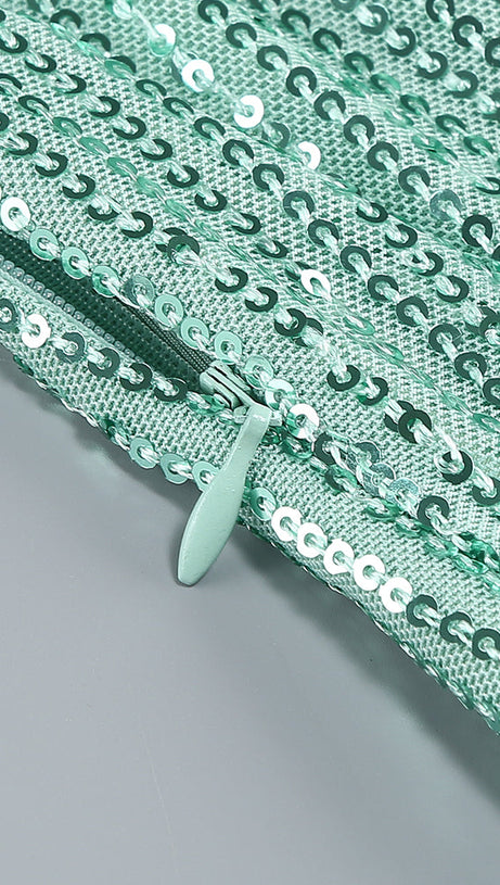 SEQUIN RUCHED HIGH SLIT MAXI DRESS IN GREEN