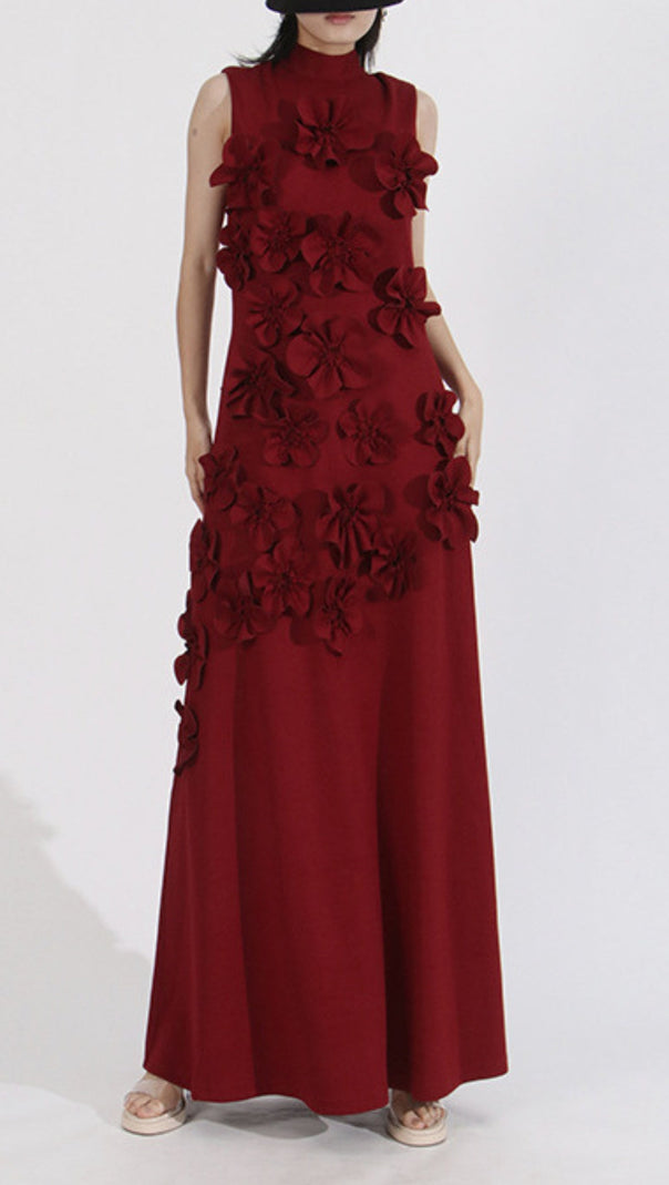 Annona Red Flower Embellished Maxi Dress
