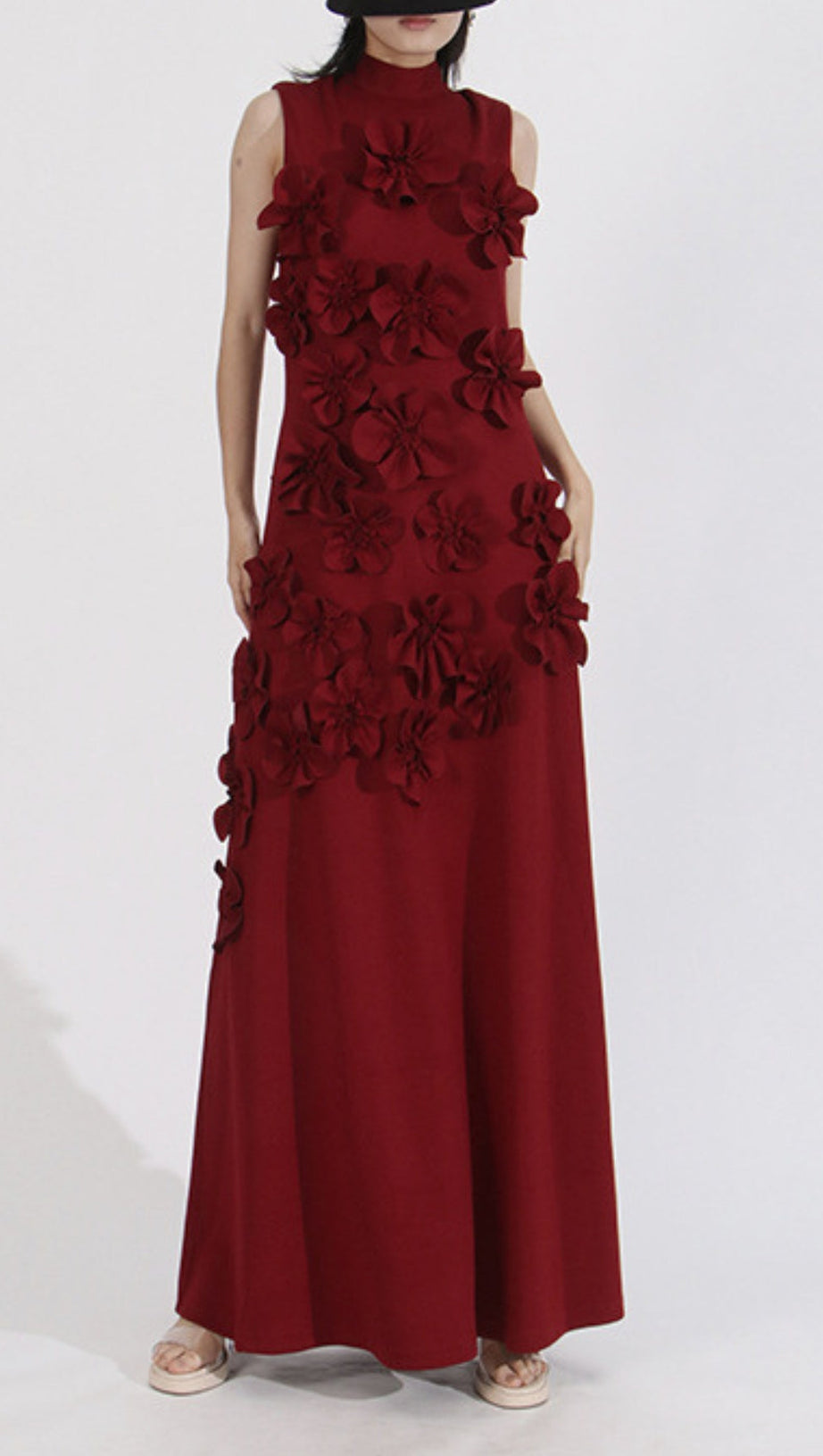 ANNONA RED FLOWER EMBELLISHED MAXI DRESS