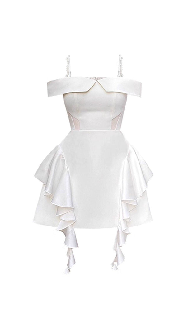 AIIZIE Jayleen White Ruffle Mini Dress | Chic Off-Shoulder with Pearl Straps for Bridal & Parties - product image
