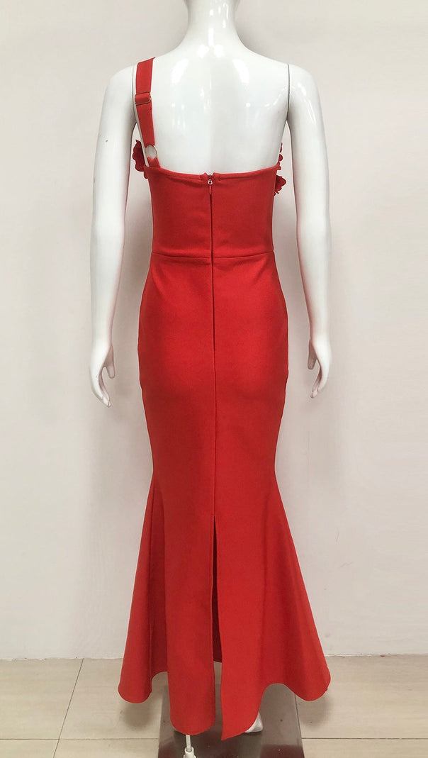 AIIZIE CANDICE ONE-SHOULDER FLOWER BODYCON MAXI DRESS IN RED - product image
