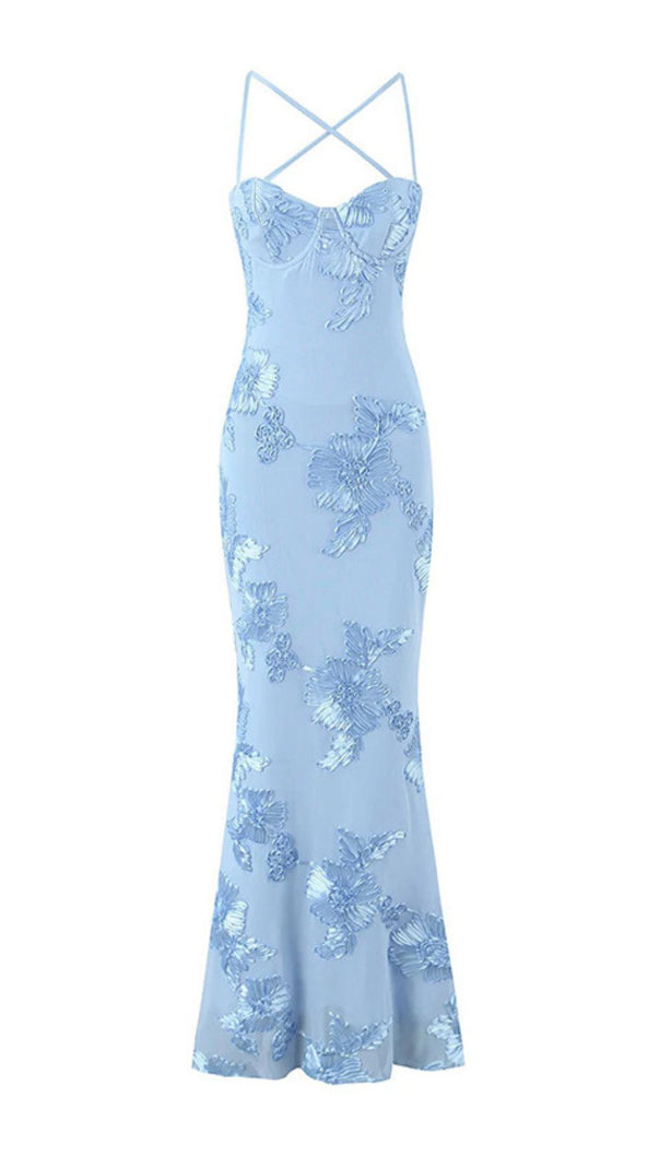 AIIZIE Jaleh Enchanting Blue Floral Backless Maxi Gown - Elegant Evening & Wedding Guest Dress - product image