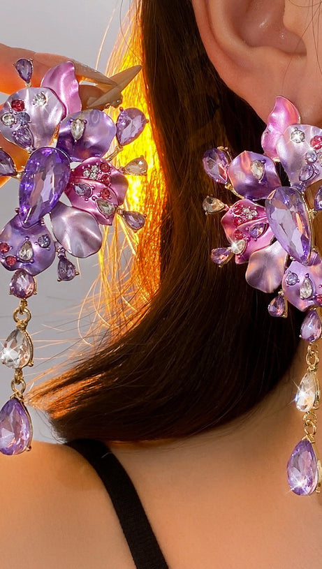 Luxe Lavender & Blush Crystal Floral Statement Drop Earrings