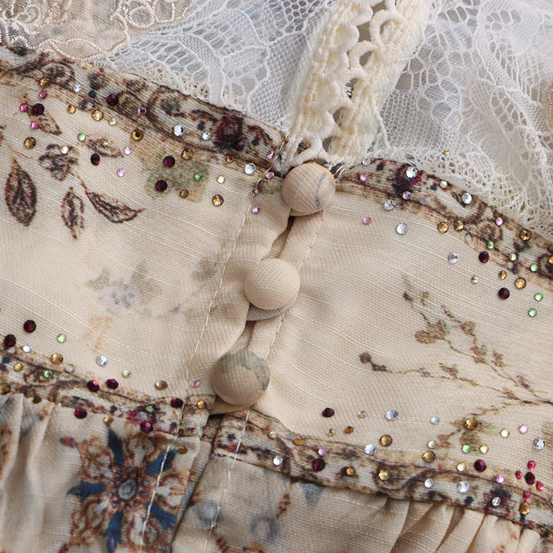 IVANO CHIC FLORAL PRINT V-NECK MINI DRESS WITH PEARL EMBELLISHMENTS & LONG SLEEVES