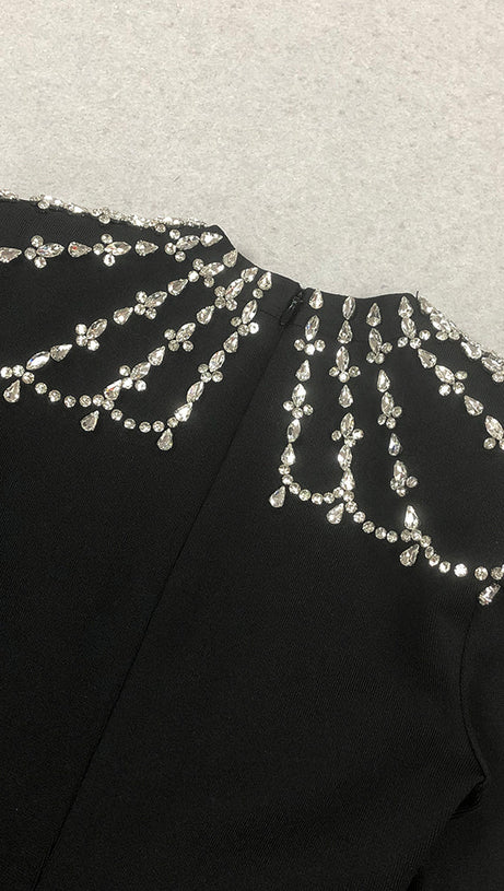 CRYSTAL-EMBELLISHED BLACK LONG SLEEVE MAXI DRESS