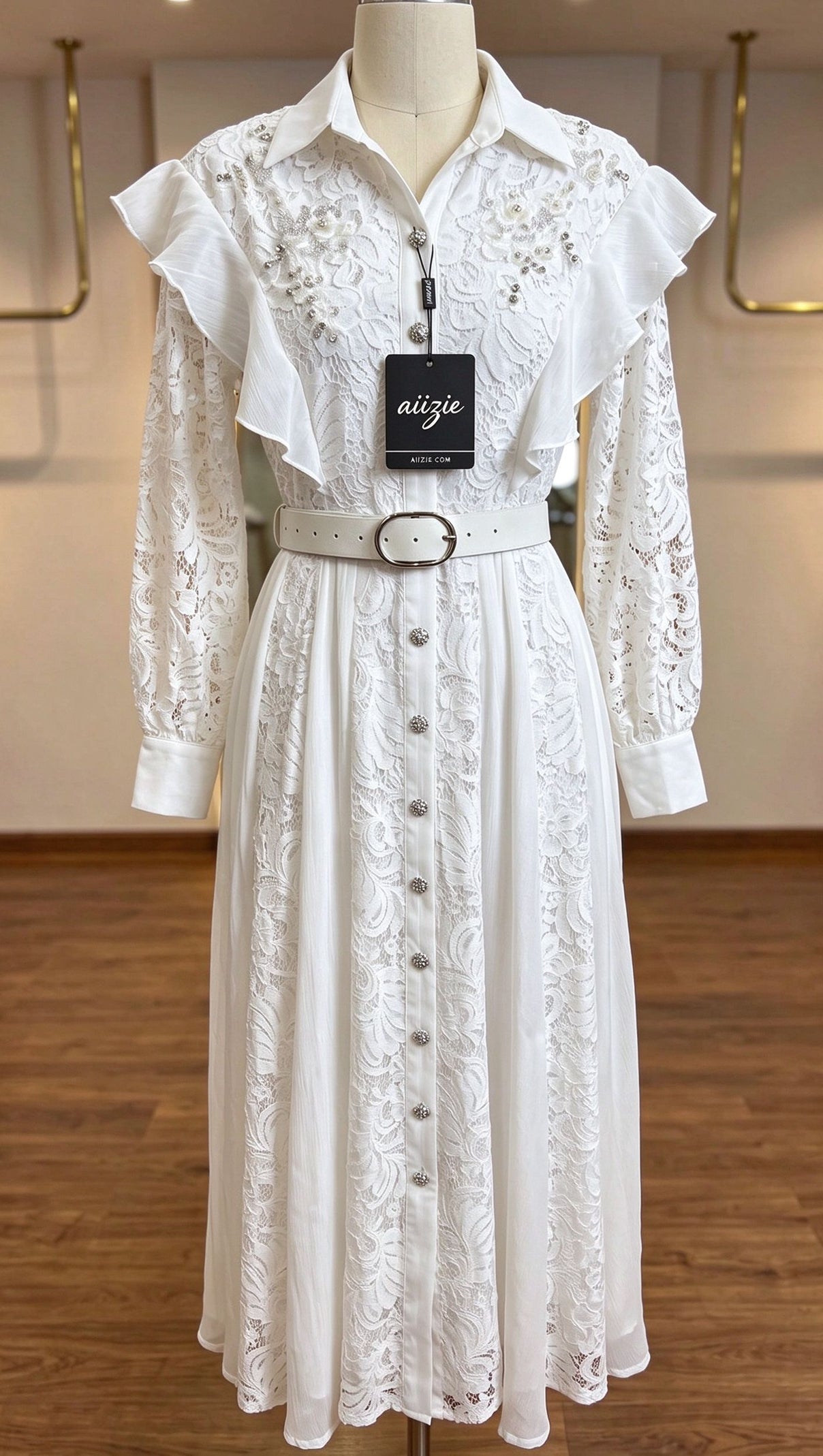 White Floral Lace A-Line Maxi Shirt Dress
