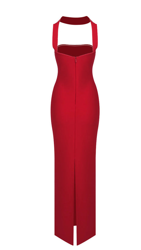 CUTOUT HALTER BACKLESS DRESS IN RED
