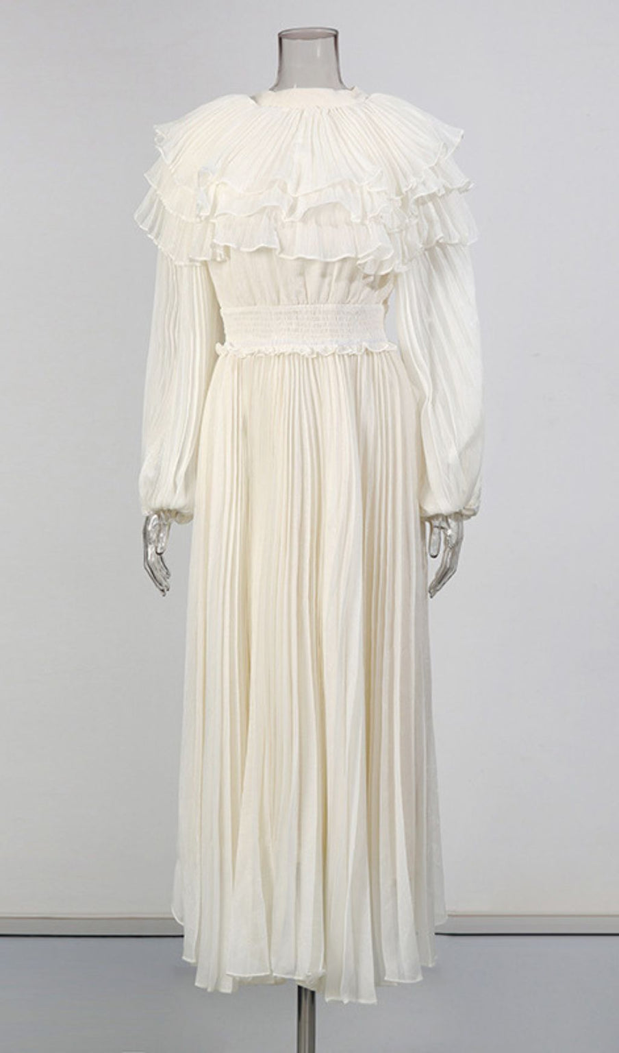 Julisa Ivory Ruffle Pleated Midi Dress - Elegant Long Sleeve for Women