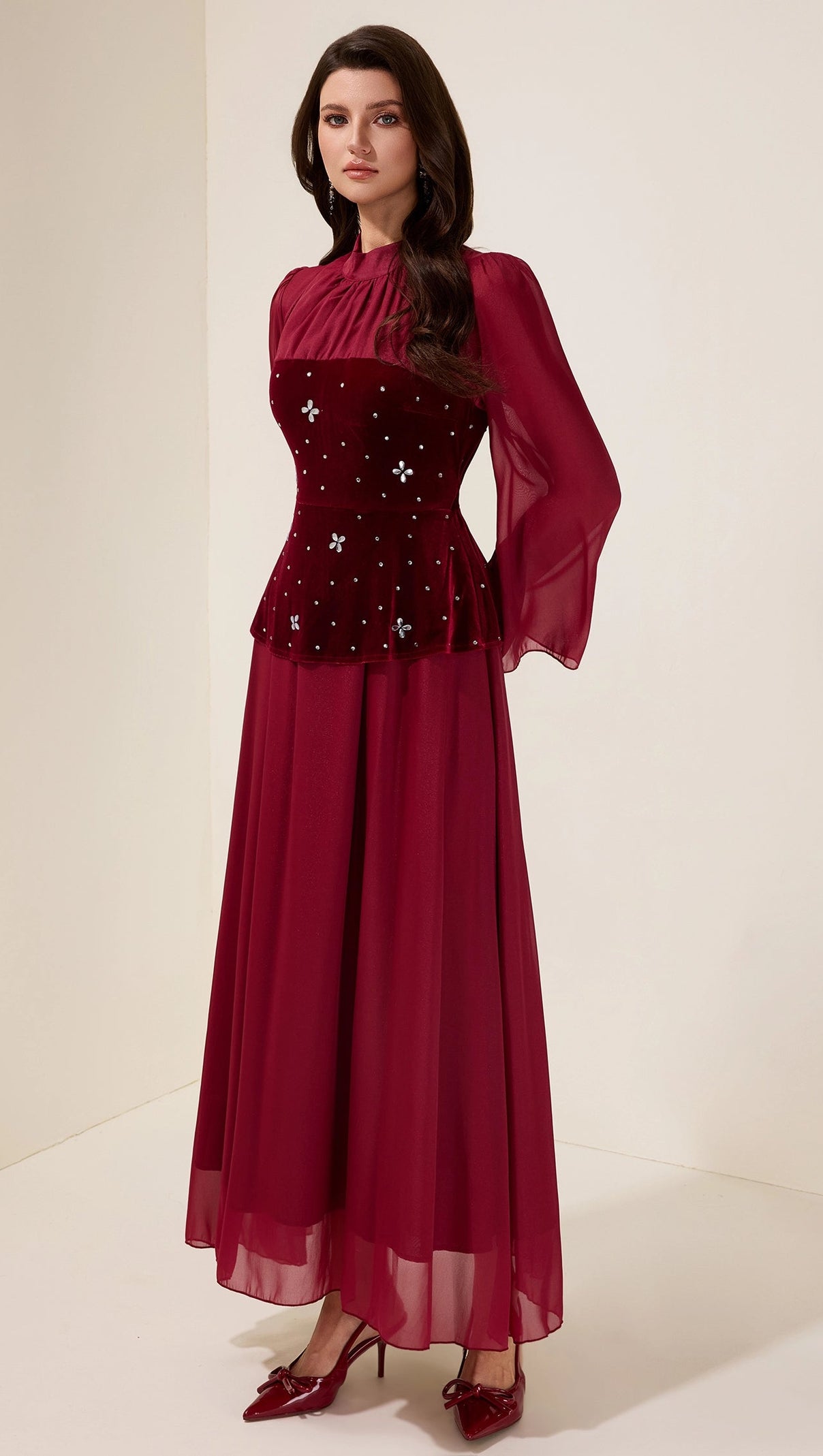 caroline Strass-Samt-Spleiß Maxikleid - Burgund
