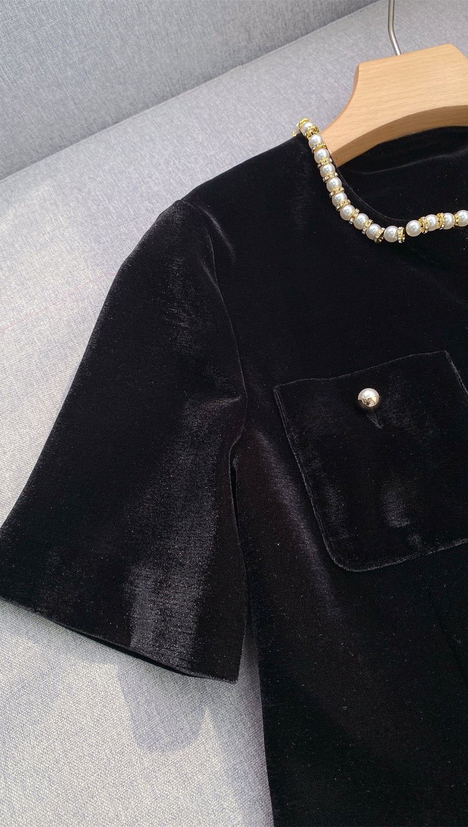 Chic Velvet Mini Dress for Women | Beaded Neckline & Pockets