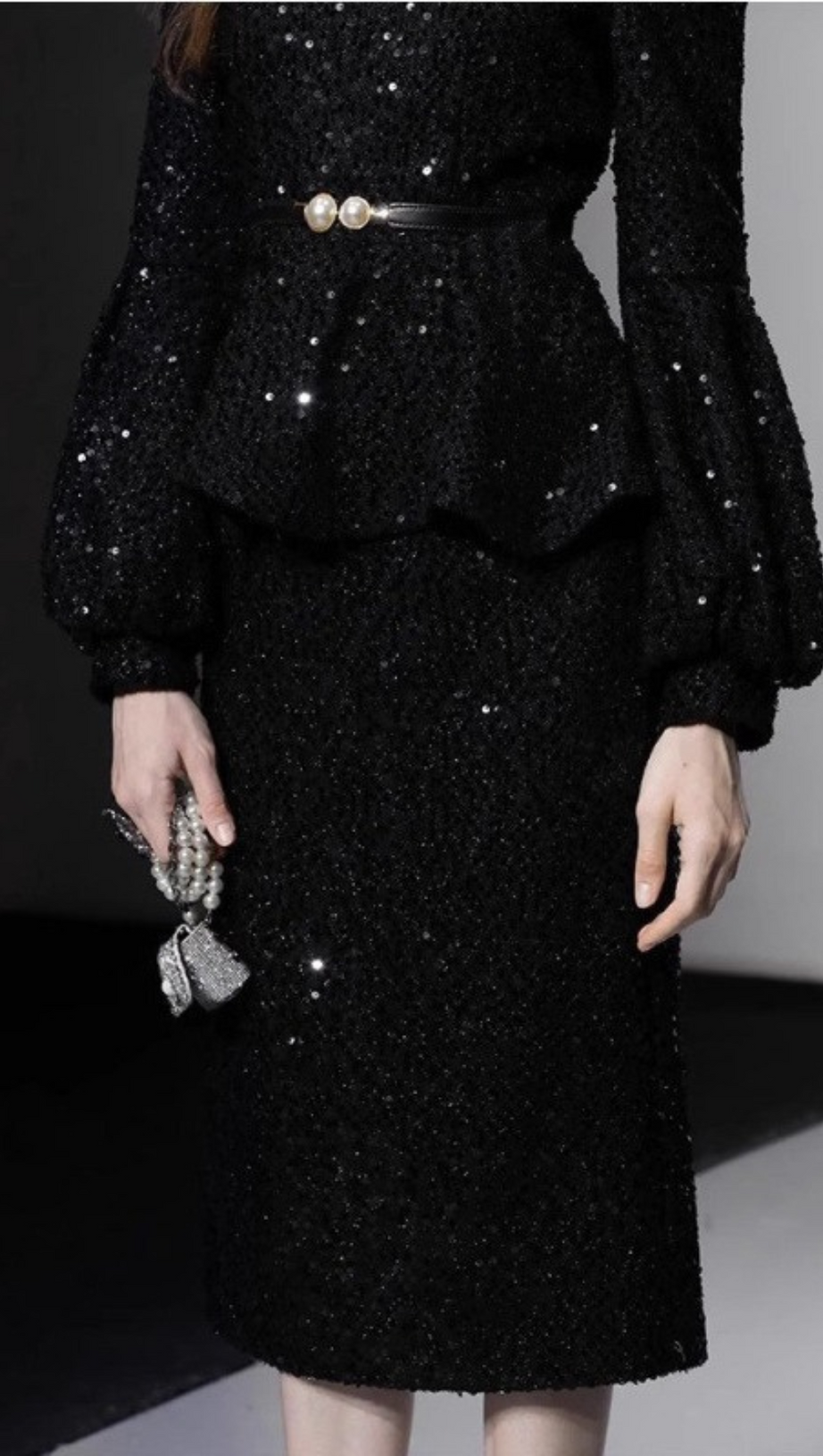 SEQUIN LANTERN SLEEVE RUFFLE MIDI DRESS