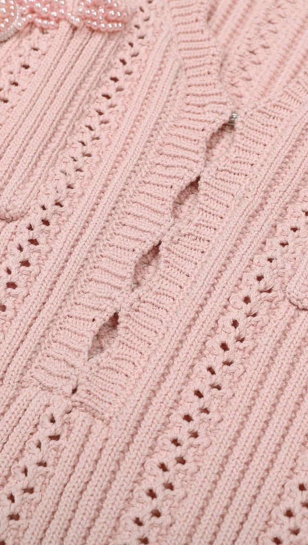 AIIZIE Elegant Pink Beaded Knit Mini Dress | Long Sleeve & Flattering Fit - product image