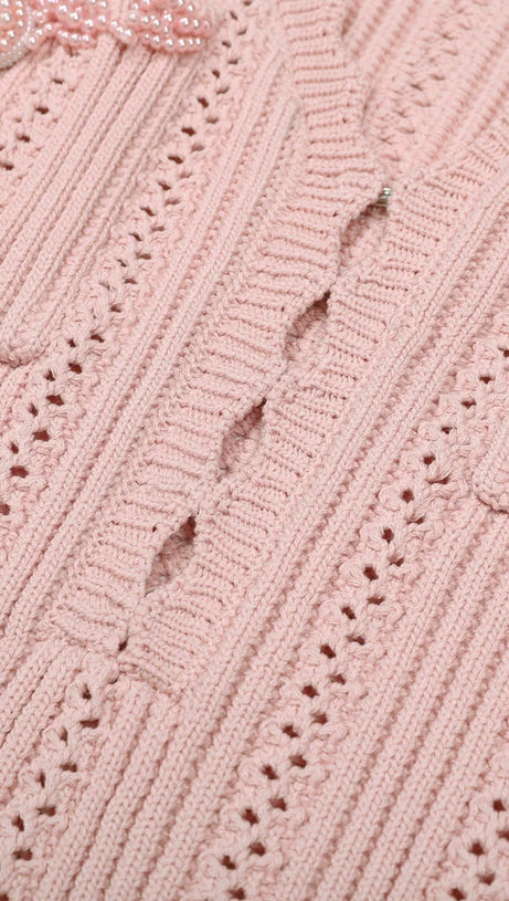 Elegant Pink Beaded Knit Mini Dress | Long Sleeve & Flattering Fit