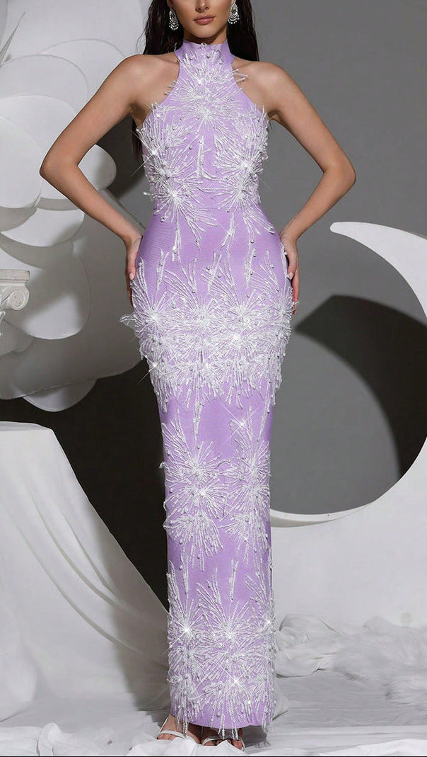 AIIZIE Pandora Sleeveless Beaded Tassel Sequin Bandage Maxi Dress - Violet - product image