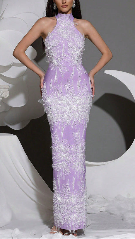 Pandora Sleeveless Beaded Tassel Sequin Bandage Maxi Dress - Violet