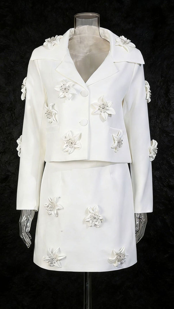 AIIZIE Janiyah White Floral Embellished Crop Blazer & Mini Skirt Set - product image