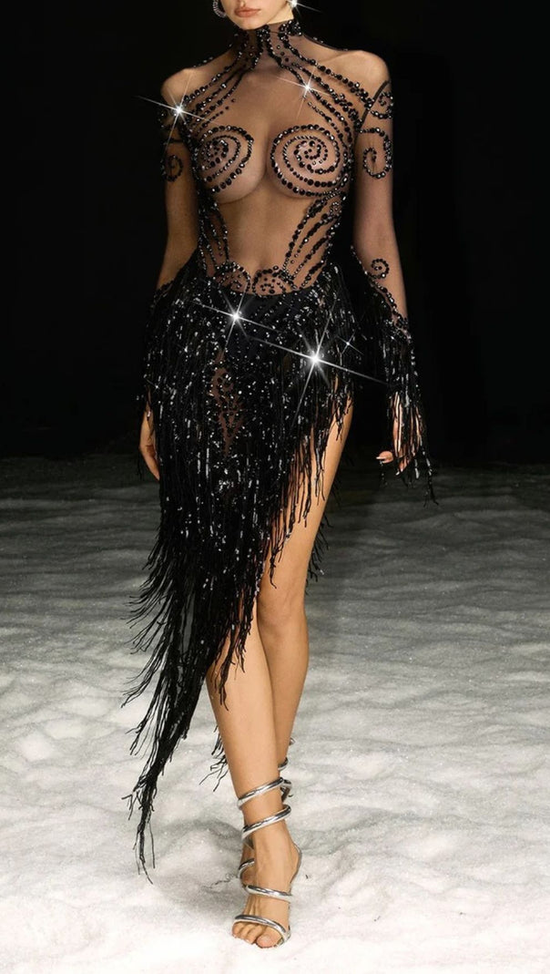 AIIZIE Nathari Dazzling Rhinestone Fringe Illusion Mini Dress - product image