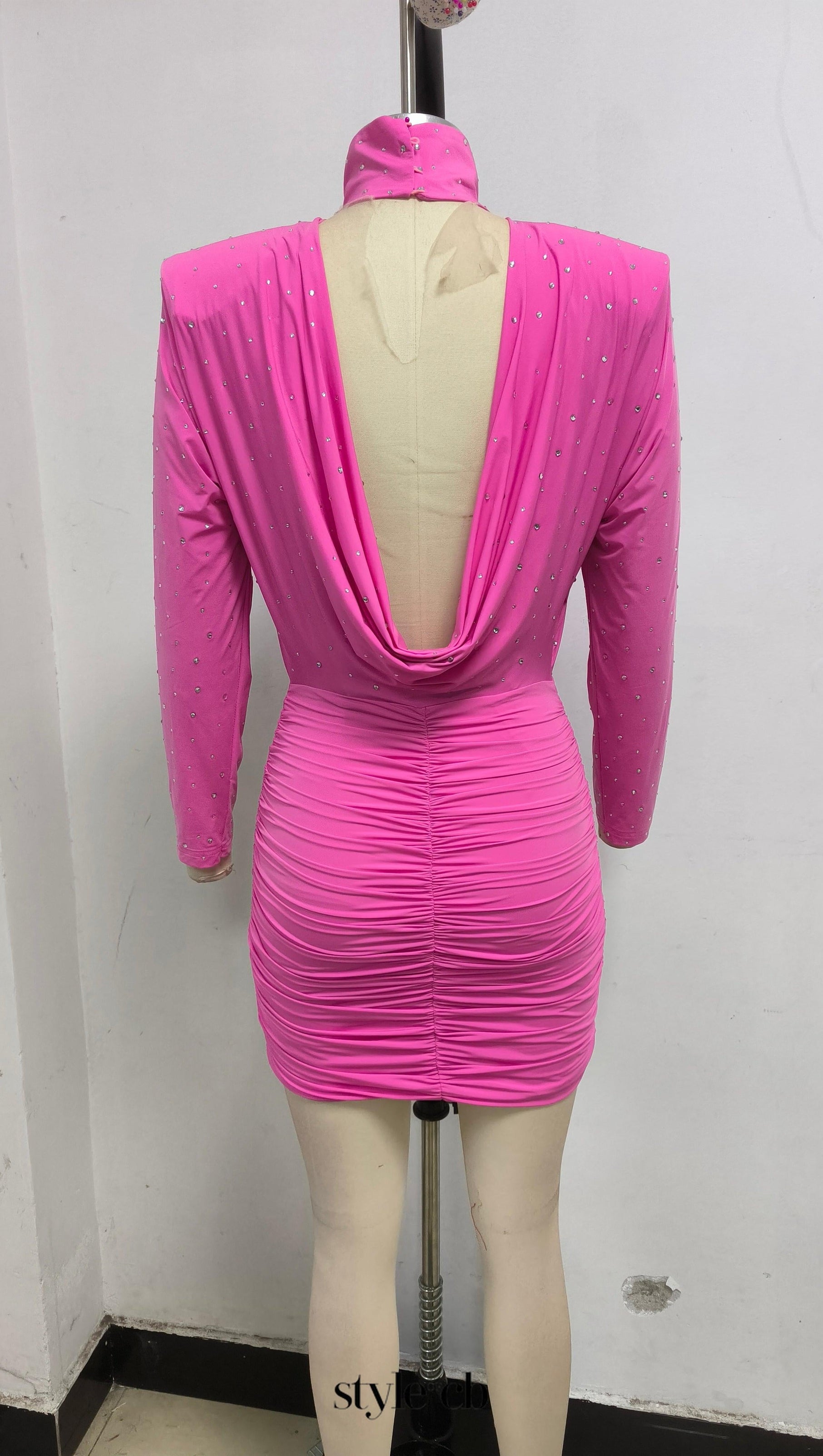 AIIZIE CRYSTAL EMBELLISHED RUCHED BODYCON MINI DRESS IN PINK - product image