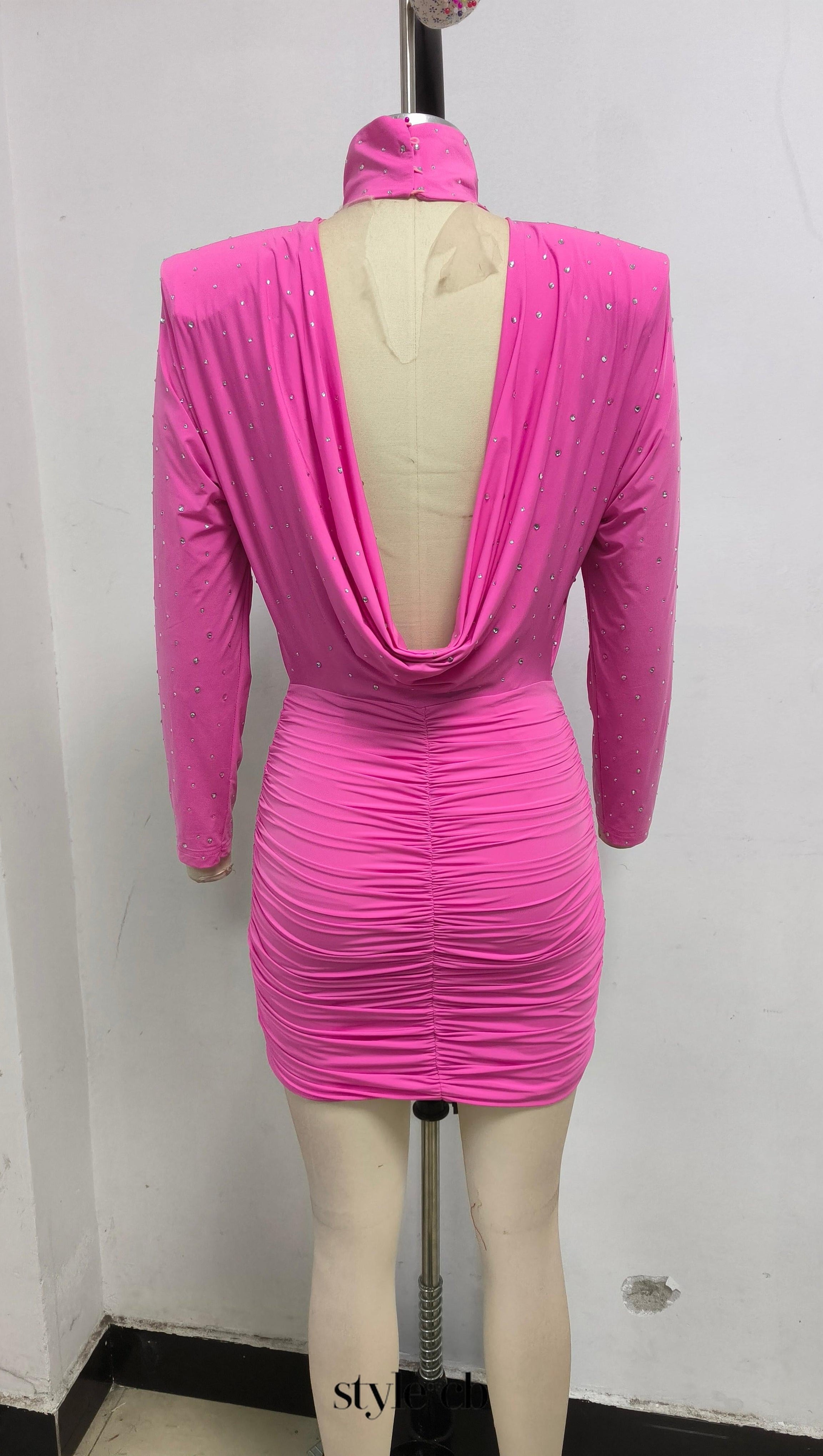 CRYSTAL EMBELLISHED RUCHED BODYCON MINI DRESS IN PINK