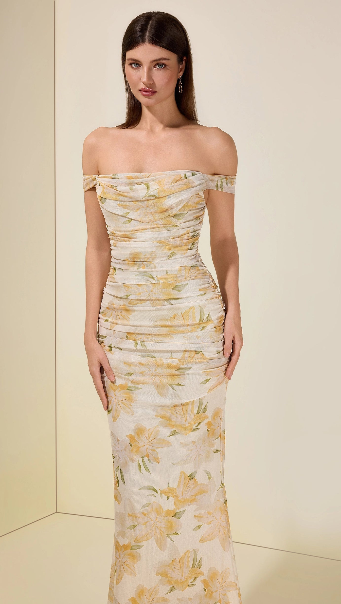 xaviera Mesh Floral Gathering Maxi Dress - yellow