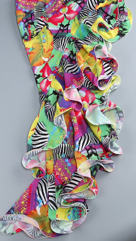 ONE SHOULDER RUFFLR TRIM PRINTED MAXI DRESS