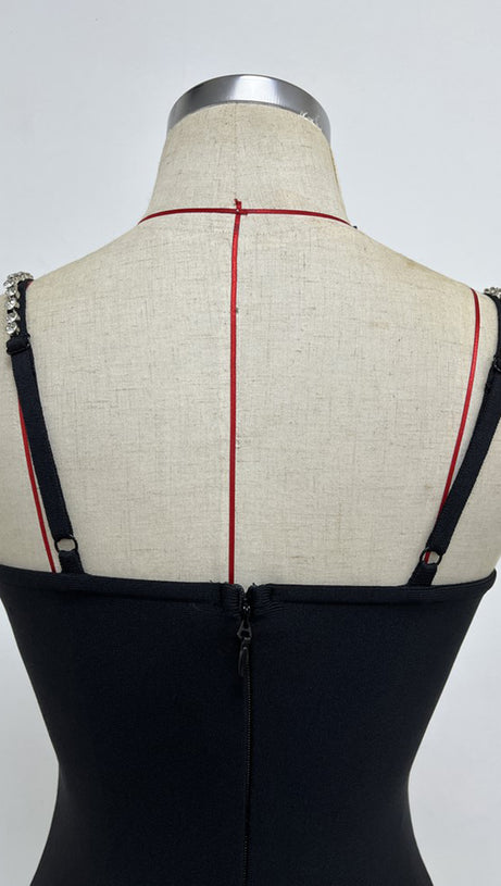 RHINESTONE METAL CHAIN TASSEL BANDAGE DRESS