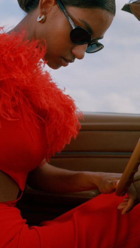 OFF-SHOULDER FEATHER PANEL RED DRESS