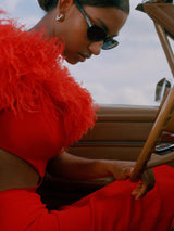 Off-shoulder feather panel red dress