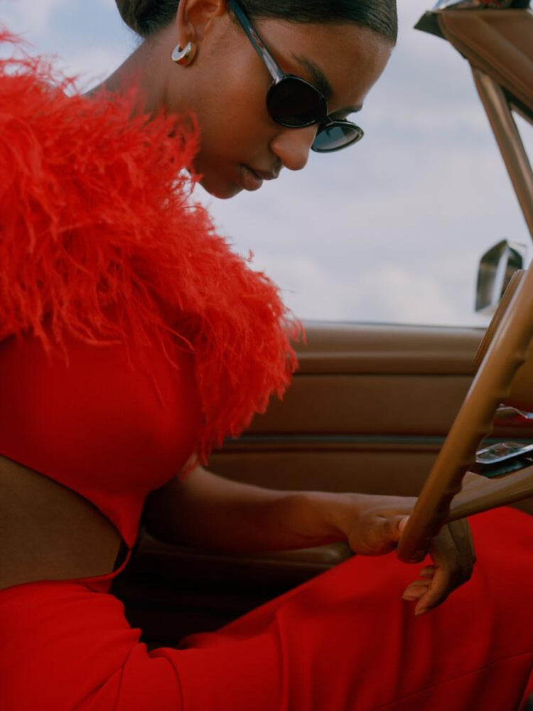 Off-shoulder feather panel red dress