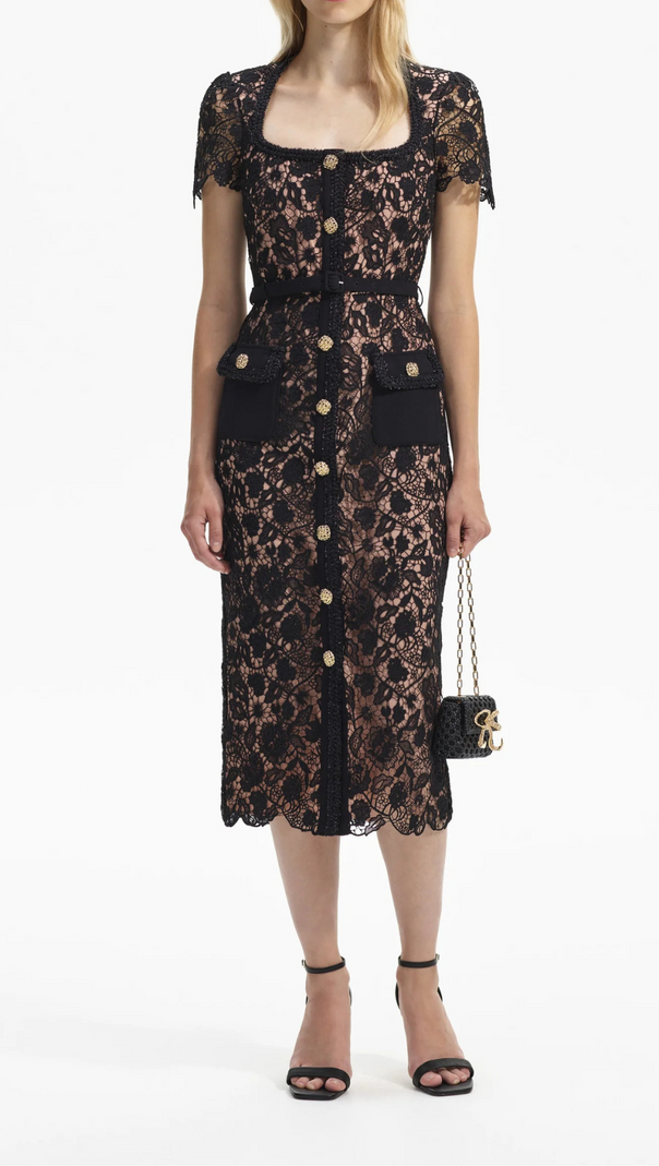AIIZIE BLACK GUIPURE LACE SHORT SLEEVE MIDI DRESS - product image
