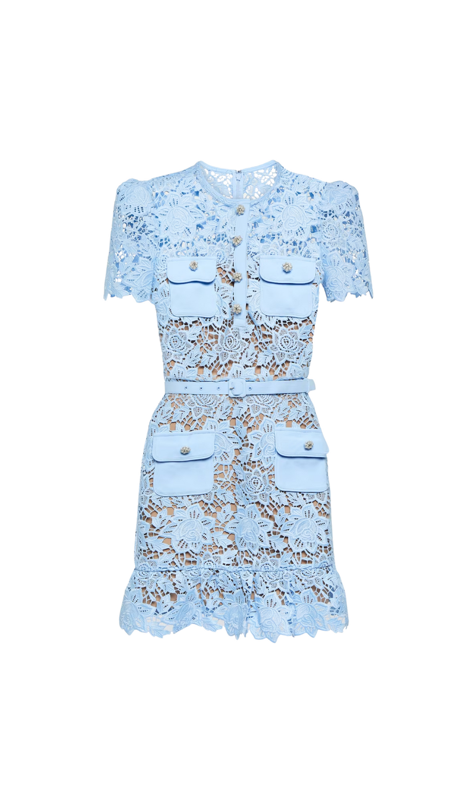 BLUE LACE PEPLUM MINI DRESS