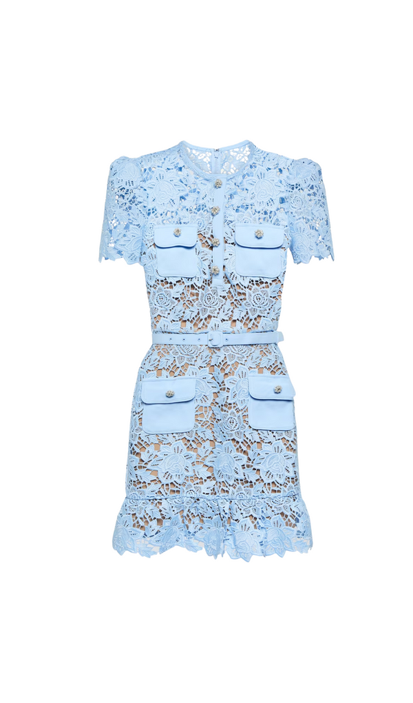 BLUE LACE PEPLUM MINI DRESS