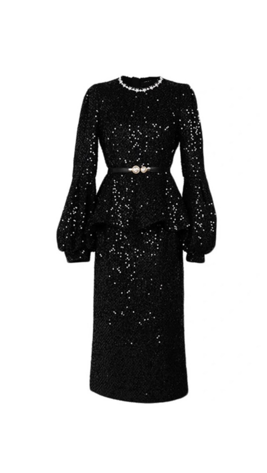 SEQUIN LANTERN SLEEVE RUFFLE MIDI DRESS