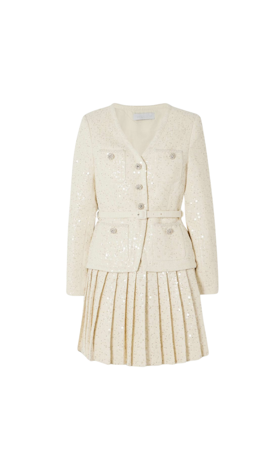Cremefarbenes Bouclé-Minikleid mit Pailletten 