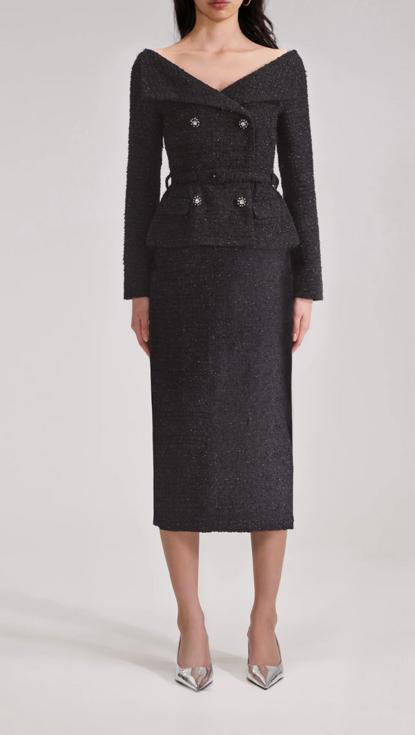 AIIZIE BLACK OFF SHOULDER BOUCLE MIDI DRESS - product image