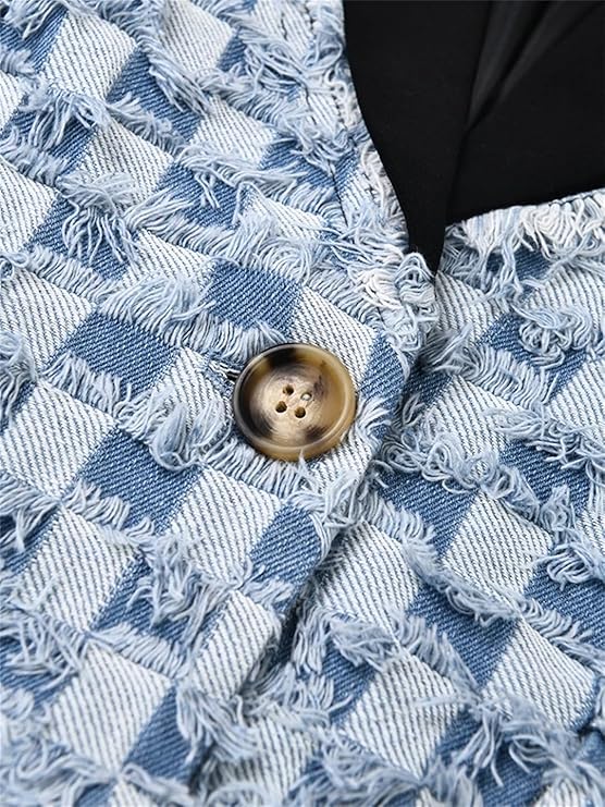 TWO-TONE DENIM CHECKS BLAZER IN BLUE