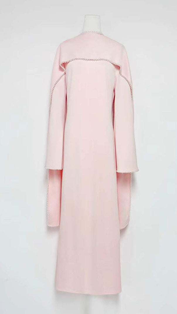 AIIZIE HIDI PINK PEARL TRIM SHAWL MAXI DRESS | ELEGANT LONG SLEEVE FORMAL GOWN - product image