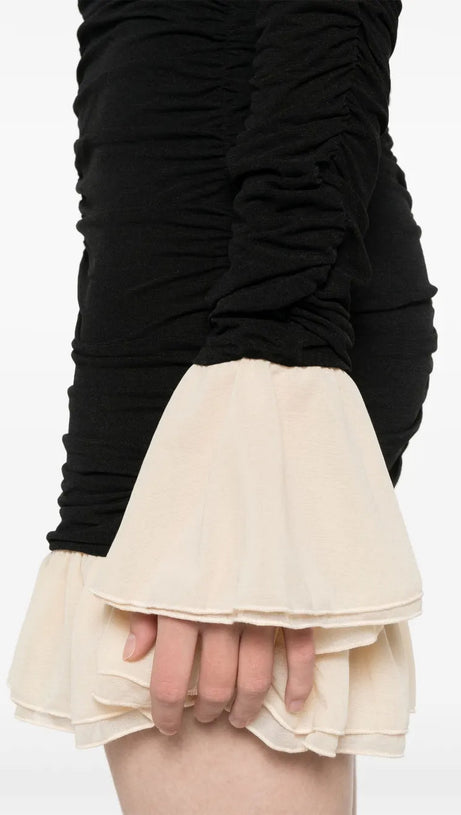 RUCHED LONG-SLEEVE MINI DRESS IN BLACK