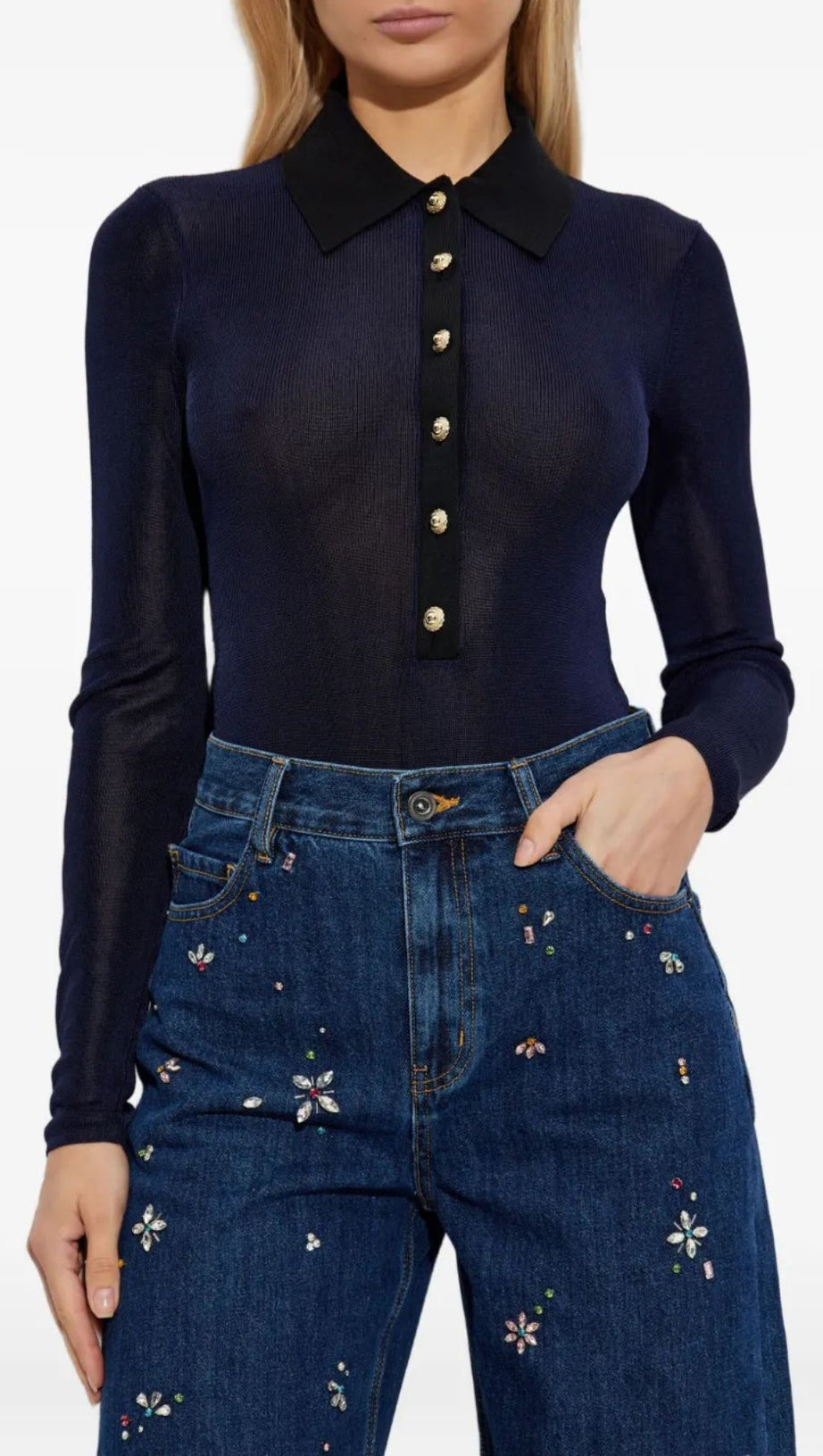 HILAL CHIC RIBBED KNIT GOLD-BUTTON BODYSUIT