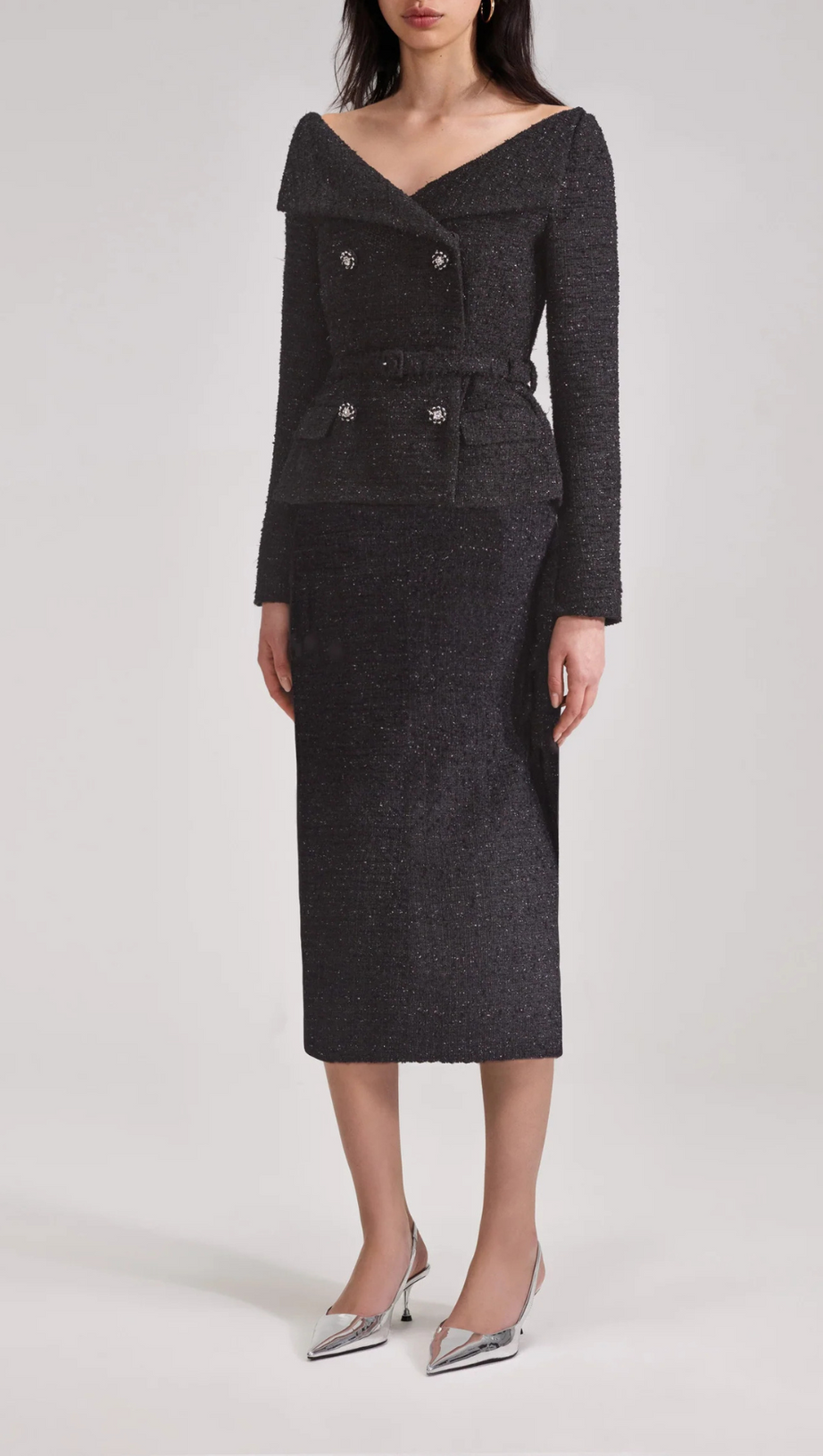 BLACK OFF SHOULDER BOUCLE MIDI DRESS