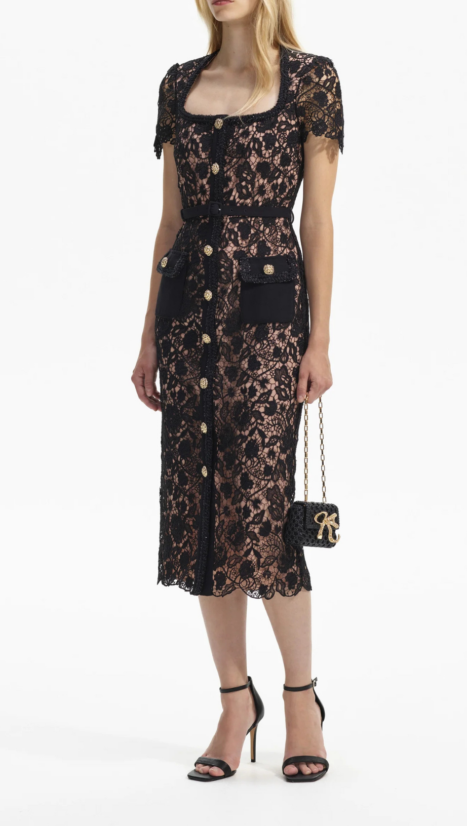 BLACK GUIPURE LACE SHORT SLEEVE MIDI DRESS