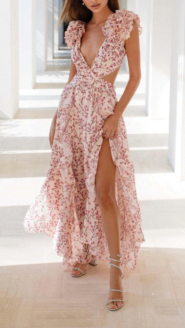 AIIZIE RUFFLED FLORAL CUTOUT MAXI DRESS - product image