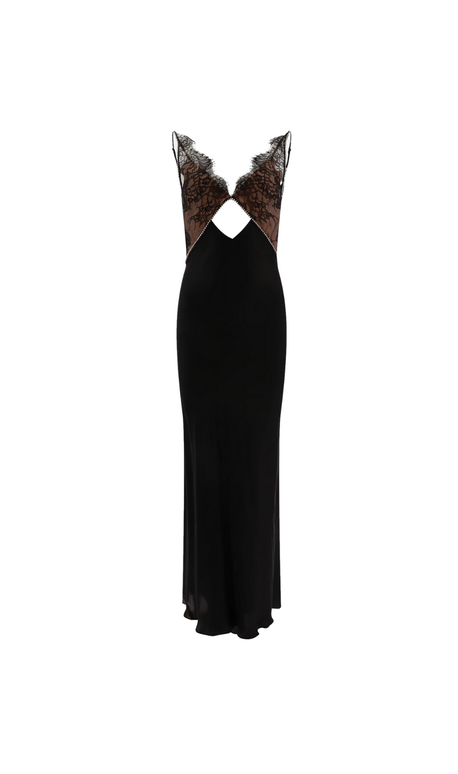 SCHWARZES MAXIKLEID AUS SPITZENSATIN 