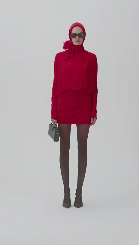 LONG-SLEEVE JERSEY MINI DRESS IN RED