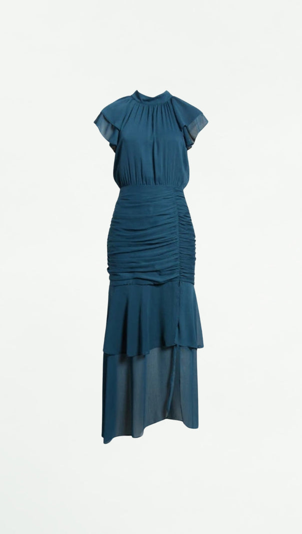 AIIZIE RUCHED RUFFLE CHIFFON MAXI DRESS IN TEAL - product image