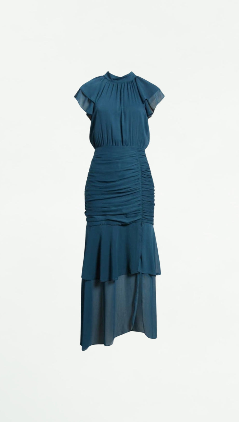 RUCHED RUFFLE CHIFFON MAXI DRESS IN TEAL