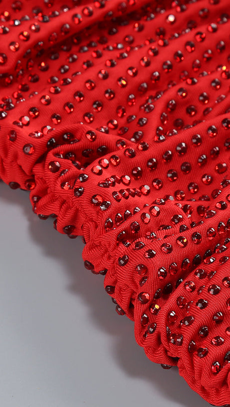 SLINKY MESH LONG SLEEVE MAXI DRESS IN RUBY