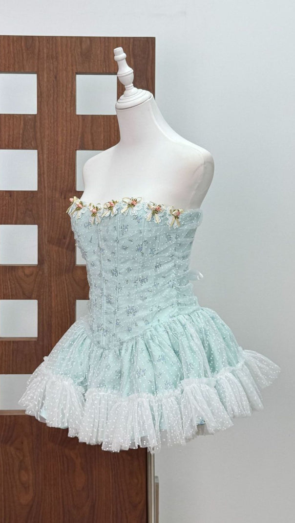 AIIZIE Jaylynn Blue Floral Corset Mini Dress: Whimsical Romance Meets Edgy Chic - product image